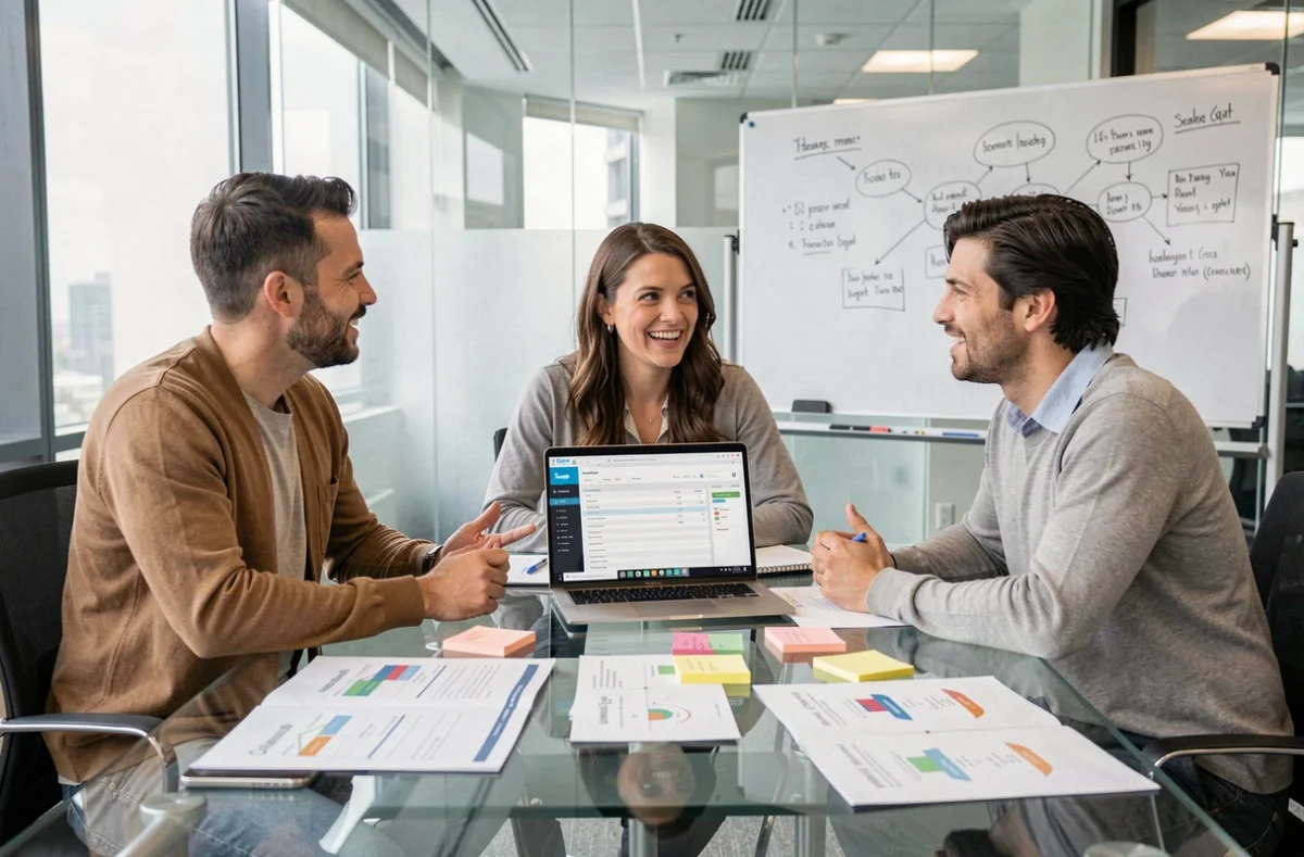 Une équipe professionnelle en réunion discutant de la stratégie CRM et de la gestion de la relation client avec Salesforce