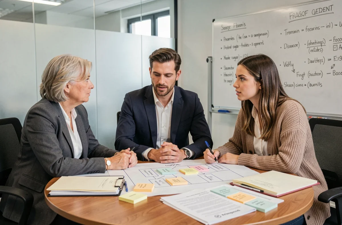 Équipe de professionnels RH en réunion stratégique autour de documents d'externalisation dans une salle de réunion d'entreprise