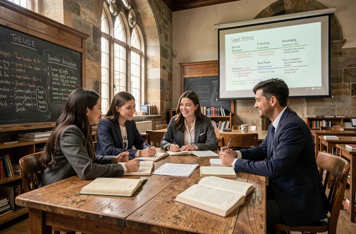 Étudiants en droit discutant de l'évolution juridique dans une salle de séminaire universitaire