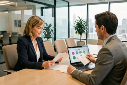 Réunion professionnelle entre une directrice RH et un consultant externe dans un bureau moderne pour discuter de l'externalisation des fonctions RH