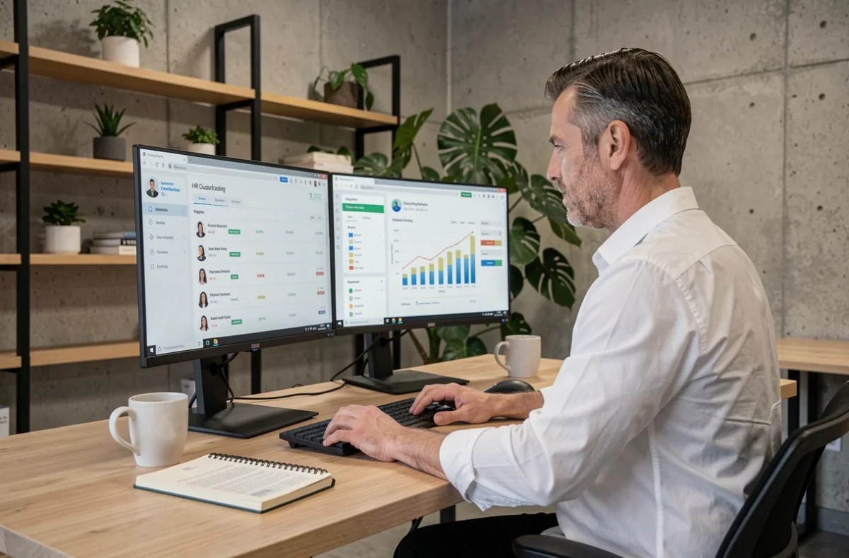 Professionnel RH analysant des tableaux de bord d'externalisation RH sur deux écrans dans un espace de coworking moderne