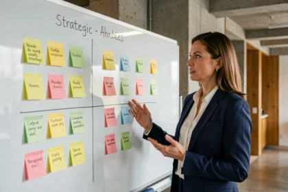 Femme d'affaires devant un tableau blanc avec analyse SWOT organisée en quatre quadrants colorés dans un bureau moderne