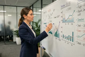 Femme d'affaires analysant des indicateurs de performance et des graphiques KPI sur un tableau blanc dans un bureau moderne