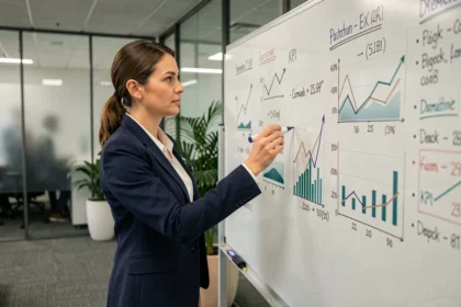 Femme d'affaires analysant des indicateurs de performance et des graphiques KPI sur un tableau blanc dans un bureau moderne