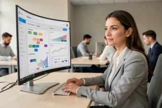 Femme analyste marketing étudiant un tableau de bord d'automatisation marketing sur un grand écran dans un bureau moderne