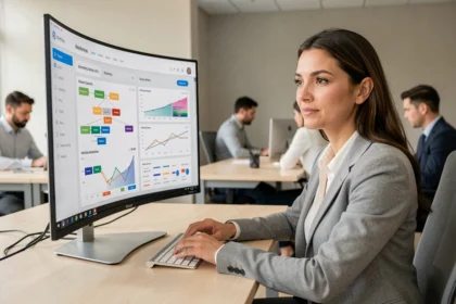 Femme analyste marketing étudiant un tableau de bord d'automatisation marketing sur un grand écran dans un bureau moderne