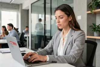 Femme professionnelle composant une campagne de SMS en masse sur son ordinateur portable dans un bureau moderne