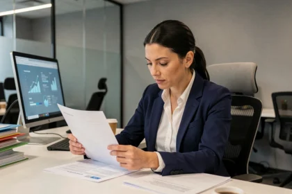 Une femme professionnelle examine attentivement un document de protection des données dans un bureau moderne