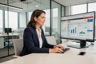 Femme cadre analysant des données sur un logiciel Oracle dans un bureau d'entreprise moderne