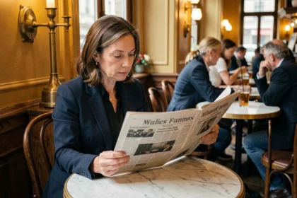 Femme lisant un quotidien papier dans un café parisien, illustrant les habitudes de lecture de la presse française