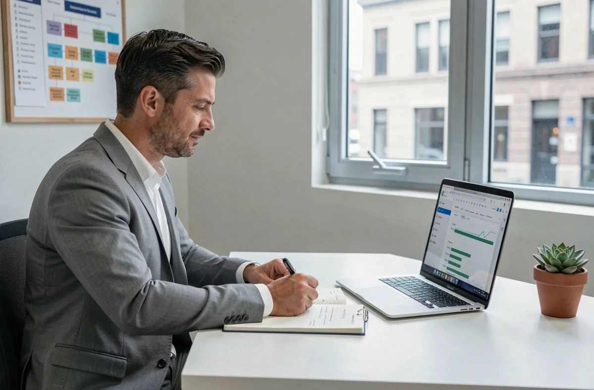 Homme d'affaires rédigeant des objectifs organisationnels dans un carnet avec tableau de bord projet sur laptop