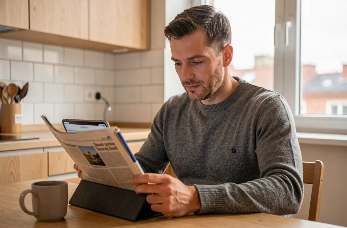 Homme consultant l'édition numérique d'un quotidien sur tablette dans une cuisine moderne
