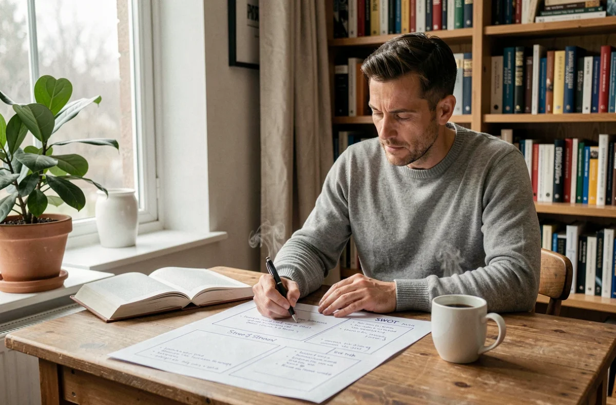 Homme concentré rédigeant une analyse SWOT manuscrite dans un bureau à domicile chaleureux avec livres de stratégie et café