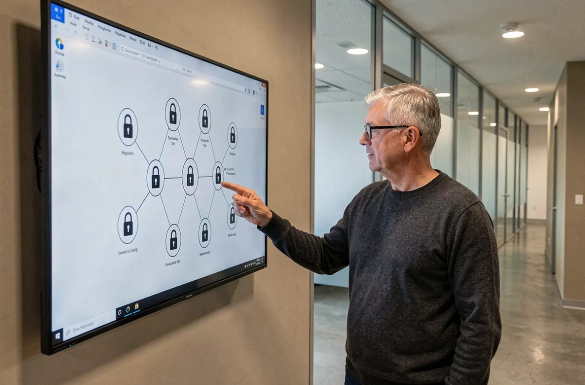 Un homme d'affaires présentant un schéma de sécurité des données sur un écran interactif dans un couloir d'entreprise