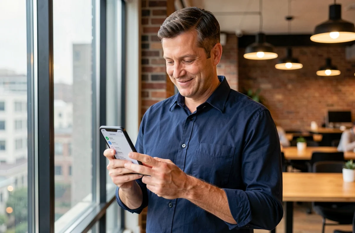 Homme d'affaires consultant une liste de contacts sur smartphone pour envoyer un SMS groupé dans un espace de coworking