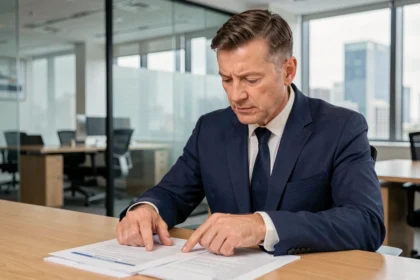 Homme en costume consultant des documents d'immatriculation d'une SAS dans un bureau moderne