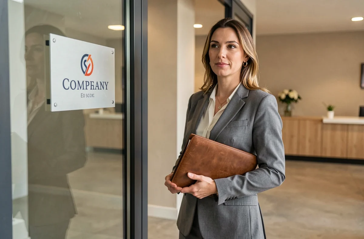 Femme entrepreneur devant la plaque d'identification d'une SAS à l'entrée d'un immeuble professionnel
