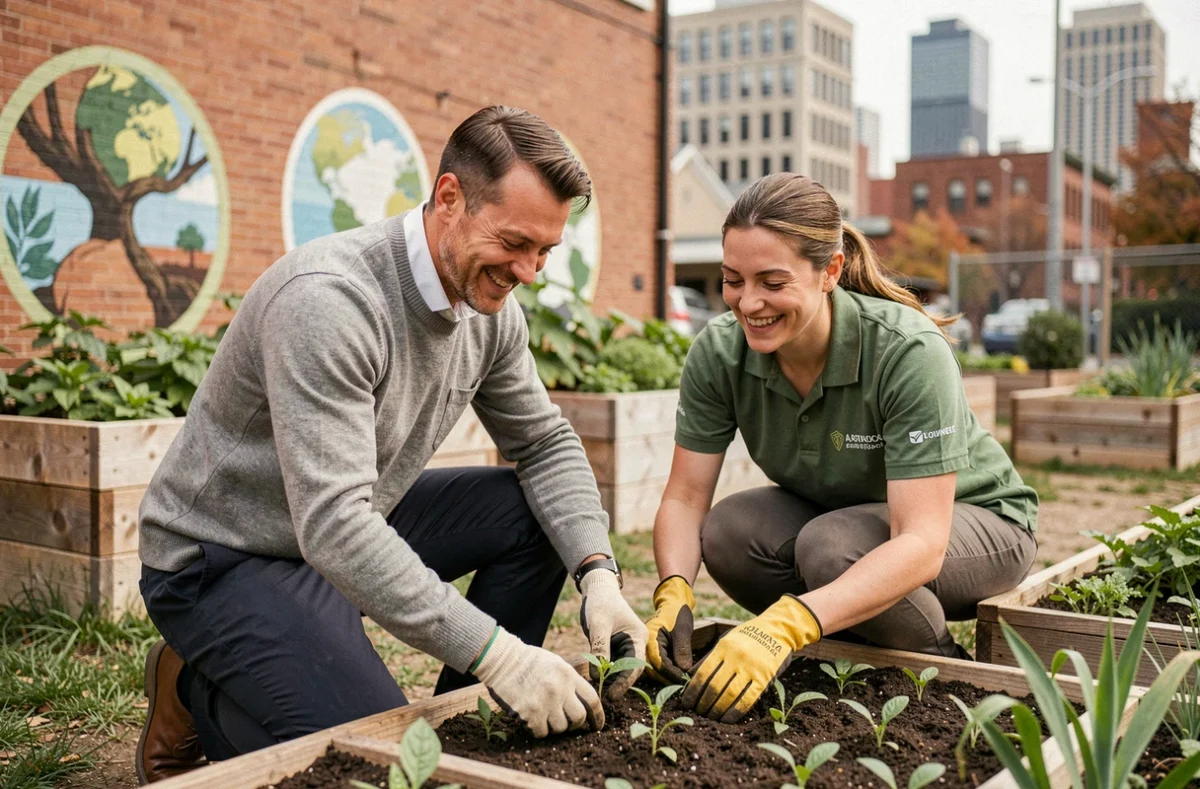 Employé bénévole plantant des végétaux dans un jardin communautaire urbain dans le cadre d'une action RSE d'entreprise