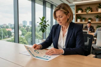 Directrice d'entreprise analysant un rapport RSE dans une salle de réunion moderne avec vue sur un environnement urbain verdoyant