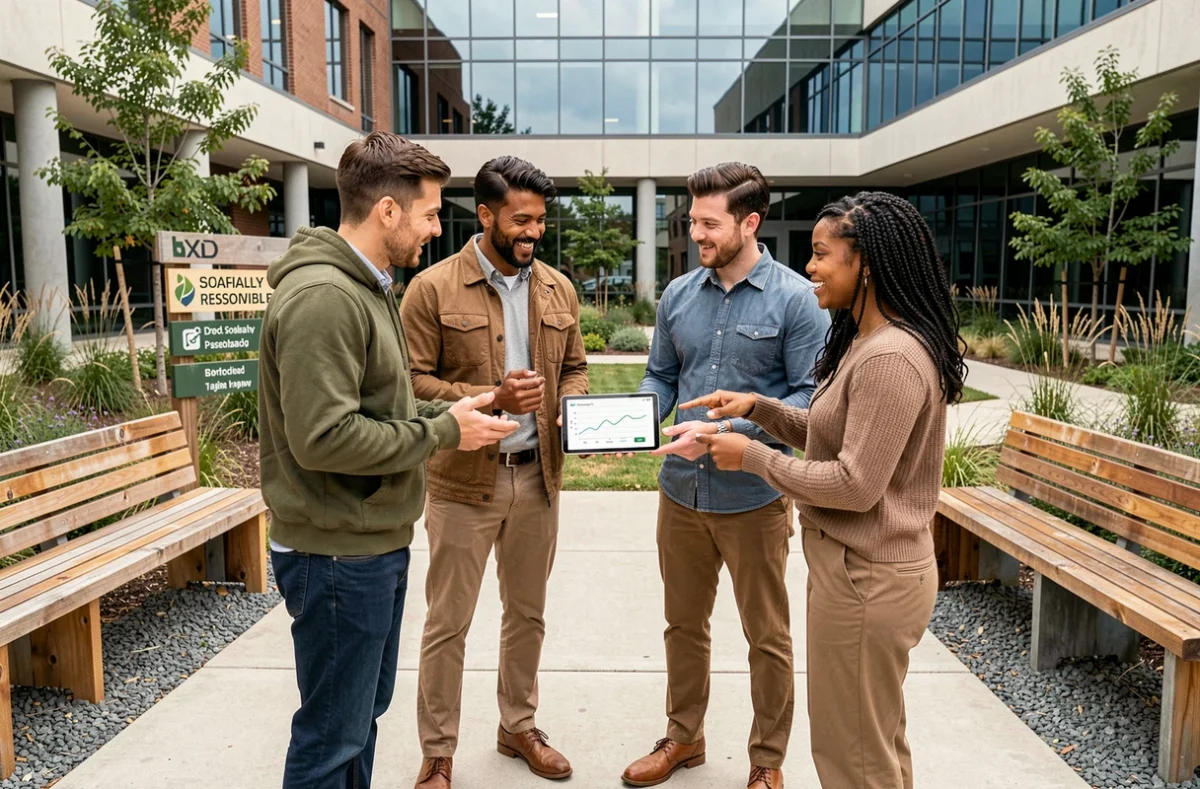 Groupe de collaborateurs discutant des enjeux RSE autour d'une tablette numérique dans la cour d'un campus d'entreprise