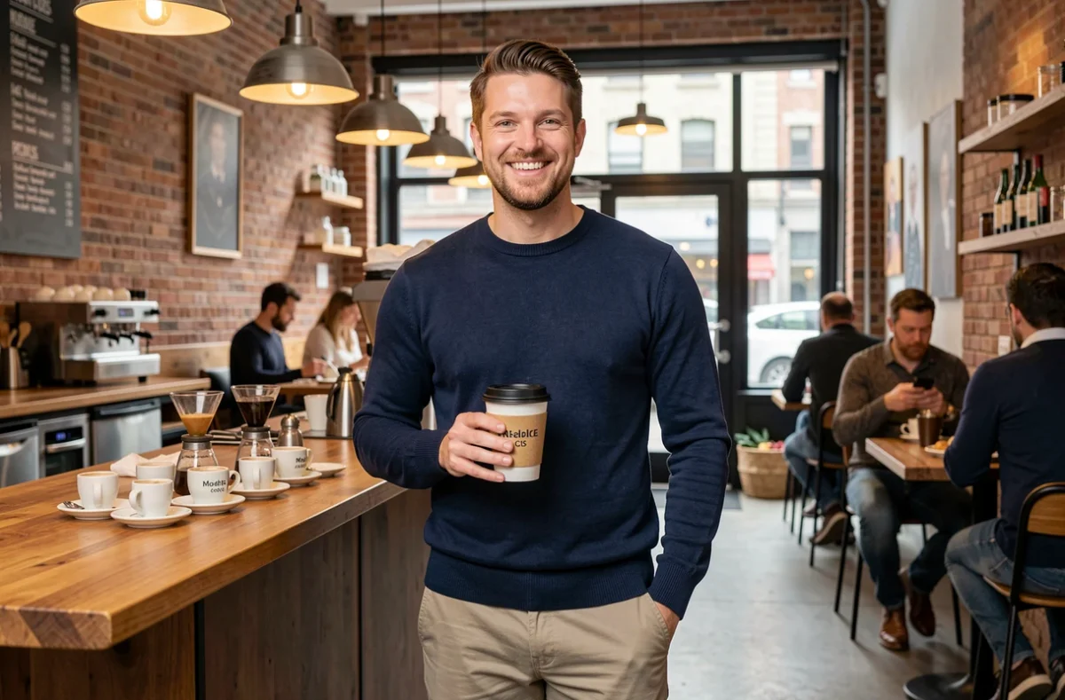 Influenceur masculin tenant un produit sponsorisé dans un café urbain dans le cadre d'un partenariat de marque