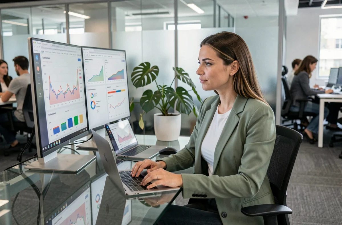 Influenceuse analysant ses revenus et statistiques sur ordinateur dans un espace de coworking moderne