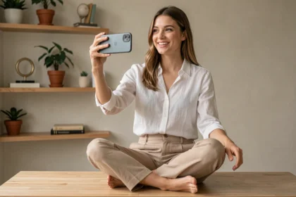 Jeune influenceuse filmant du contenu depuis son bureau minimaliste pour monétiser ses réseaux sociaux
