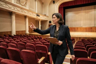 Responsable de salle de spectacle inspectant les contraintes réglementaires et la disposition des sièges dans un théâtre vide