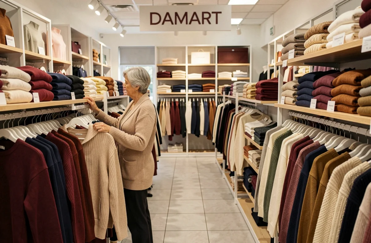Intérieur d'un magasin Damart avec une cliente parcourant des vêtements thermiques
