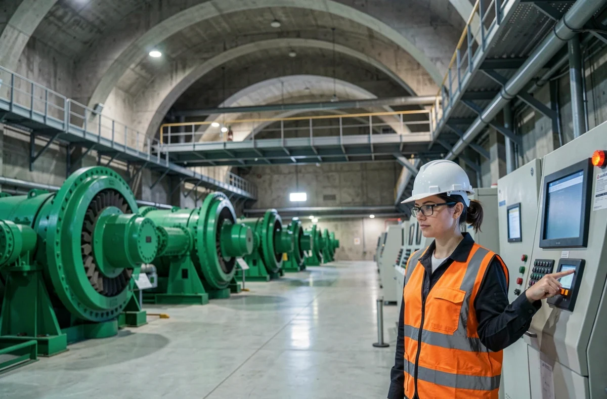 Technicienne inspectant les turbines d'une centrale hydroélectrique en activité
