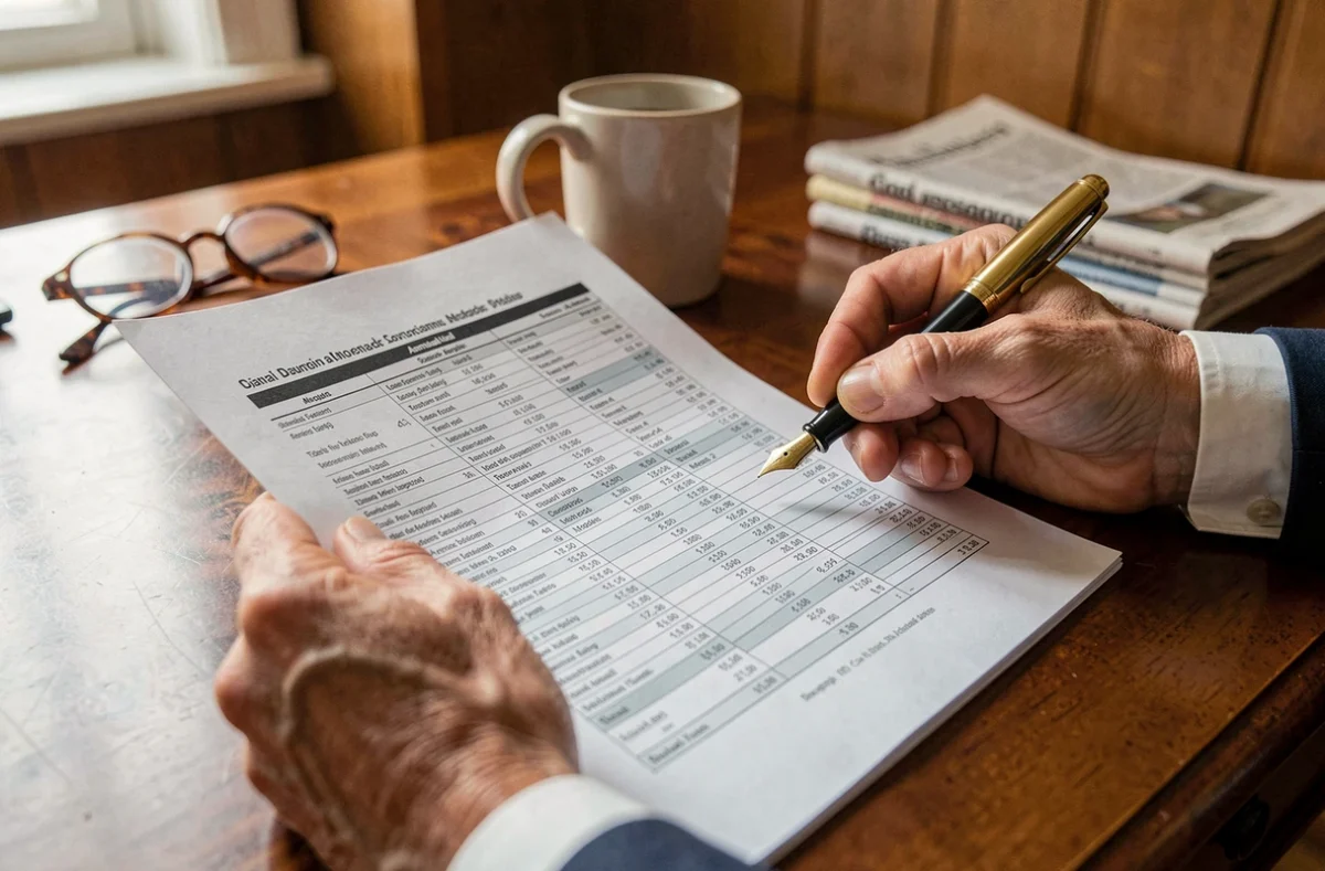 Investisseur expérimenté consultant un rapport annuel avec tableau de dividendes, stylo plume et café sur bureau en bois