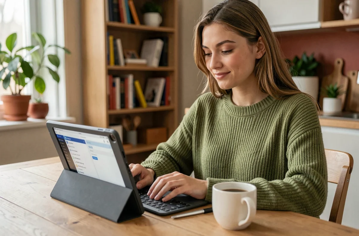 Jeune femme gérant l'envoi de SMS à grande échelle sur tablette depuis son bureau à domicile