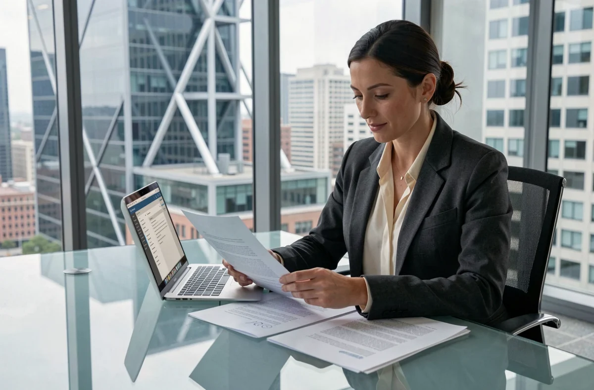 Juriste moderne analysant des documents légaux dans un cabinet d'avocats contemporain