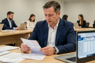 Un homme d'affaires examine des reçus et notes de frais professionnels à son bureau dans un open-space moderne