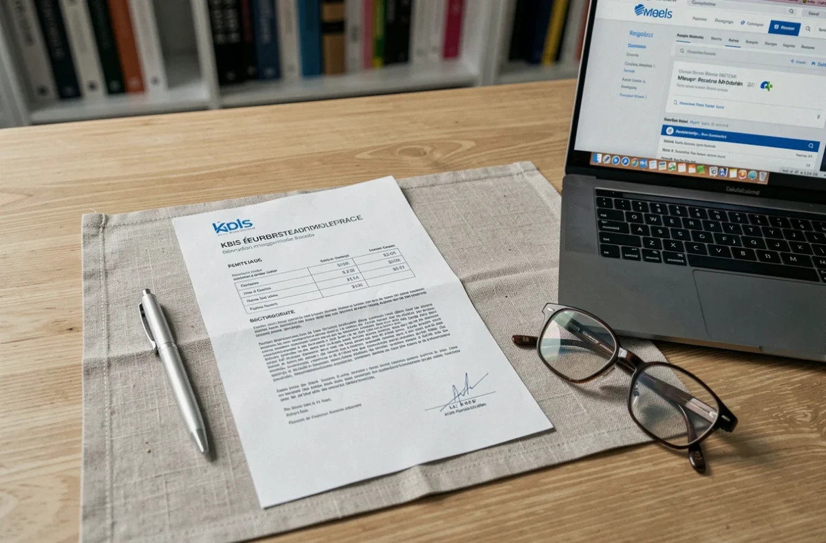 Extrait Kbis d'une SAS posé sur un bureau avec stylo et ordinateur pour identifier une société