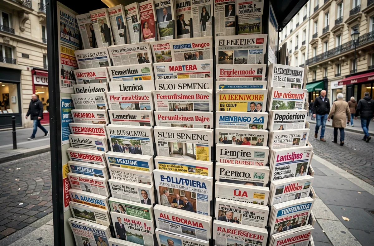 Présentoir de quotidiens nationaux et régionaux dans un kiosque à journaux parisien