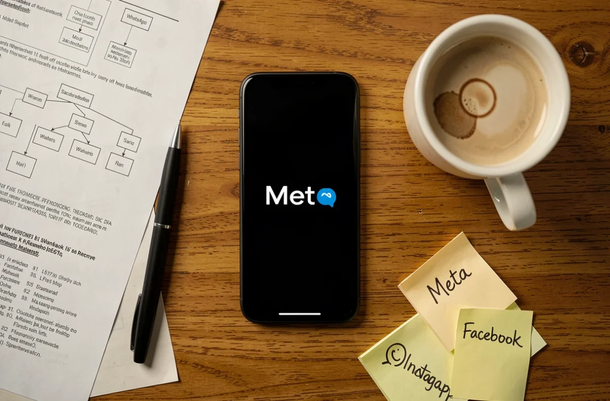 Vue aérienne d'un bureau avec un smartphone affichant le logo Meta, des documents et des notes manuscrites sur la structure de propriété de Facebook et WhatsApp