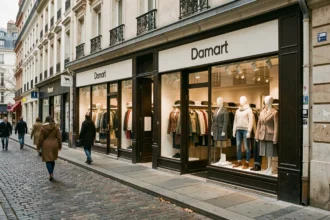Façade d'un magasin Damart en France avec vitrine exposant des vêtements thermiques