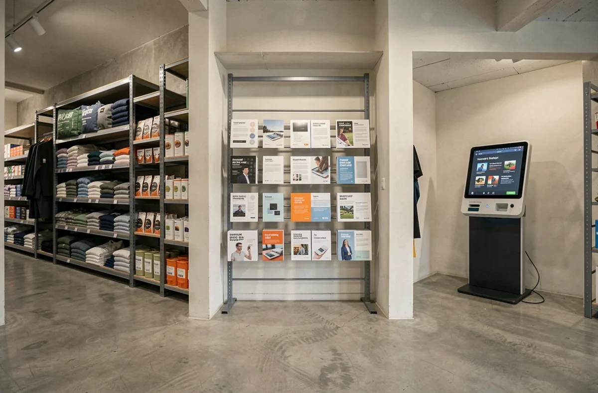 Intérieur d'un magasin moderne avec trois zones distinctes représentant les types de produits physiques, services et numériques