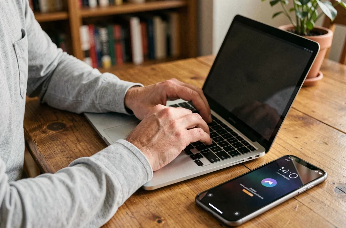 Des mains tapant sur un ordinateur portable à domicile avec un smartphone affichant une icône de sécurité des données