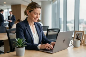 Femme professionnelle rédigeant un message de départ positif par email dans un bureau moderne