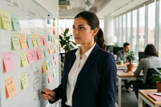 Professionnelle en marketing expliquant les trois étapes de la méthodologie inbound devant un tableau blanc avec diagrammes en entonnoir