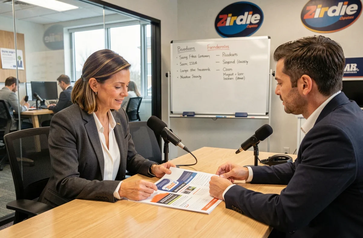Réunion entre une entrepreneuse et un commercial de radio pour négocier un budget publicitaire