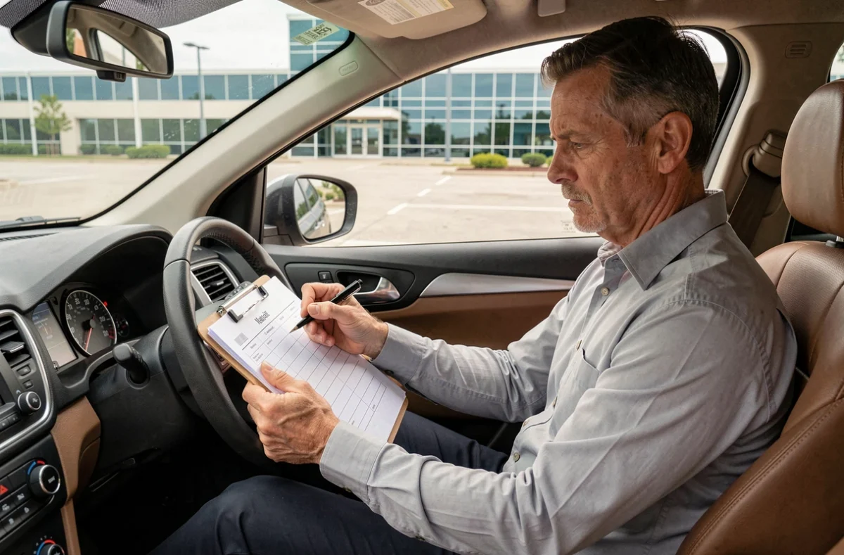 Un employé remplit un carnet de bord kilométrique dans son véhicule de fonction sur un parking d'entreprise