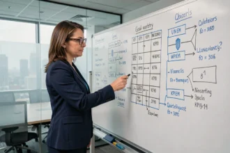 Femme manager pointant des objectifs organisationnels sur un tableau blanc en salle de réunion moderne