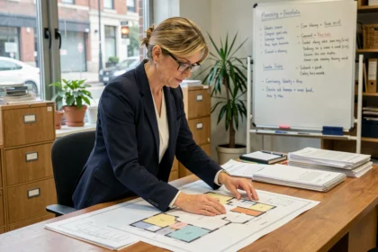 Femme professionnelle étudiant des plans architecturaux dans un bureau administratif pour l'ouverture d'un centre d'hébergement