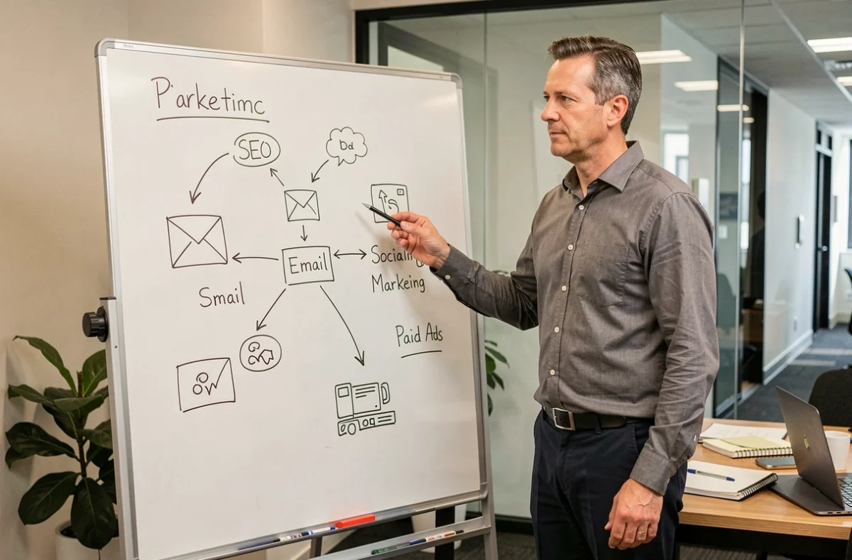 Homme présentant les canaux du marketing digital sur un tableau blanc dans une salle de réunion professionnelle