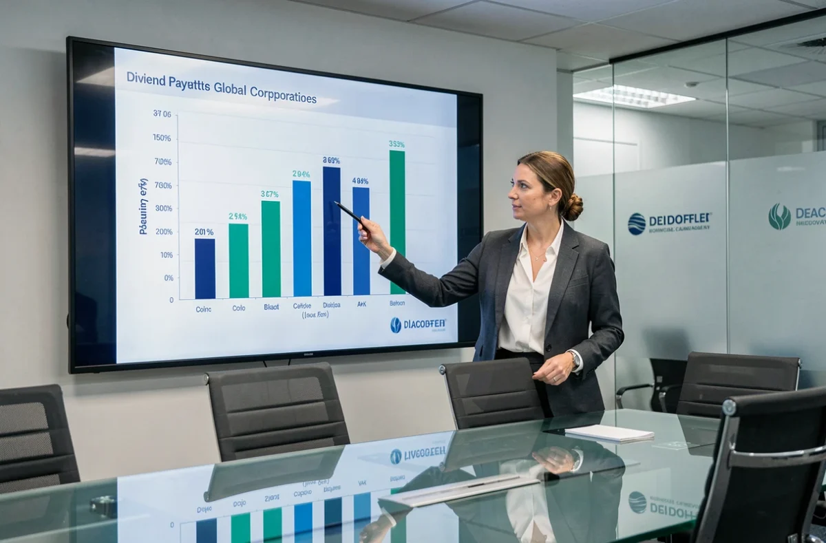 Femme d'affaires présentant un graphique comparatif des dividendes versés par les grandes entreprises mondiales en salle de réunion