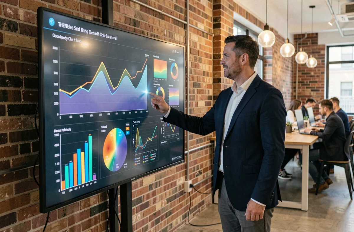 Homme d'affaires présentant des tendances de marché sur un écran interactif en espace de coworking