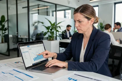 Une professionnelle analysant un tableau de bord CRM Salesforce dans un bureau moderne en open space